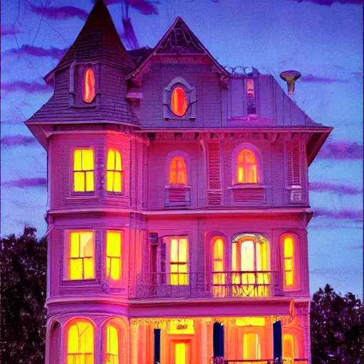 Prompt: Pink Palace, Coraline, Victorian house, at night, glowing flowers, cinematic lighting, norman rockwell style,