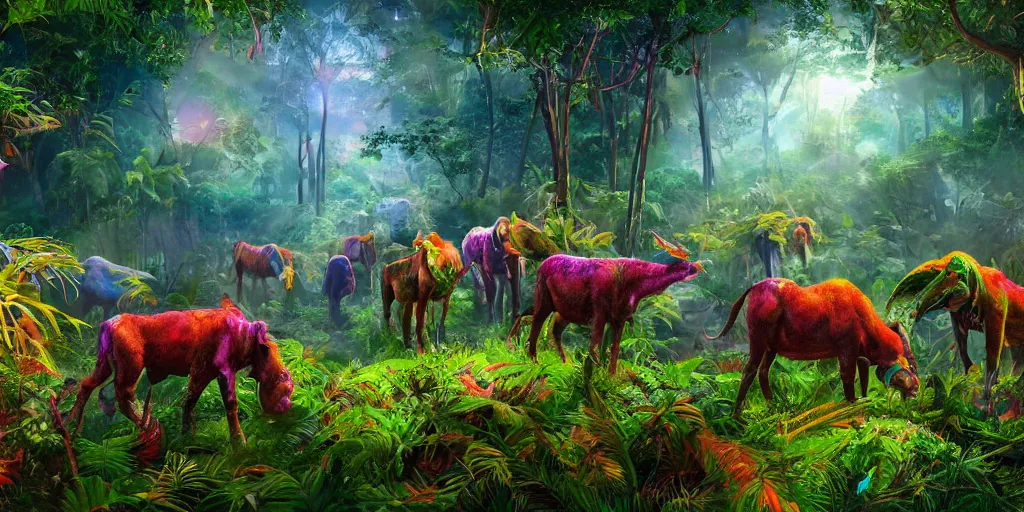 Prompt: a herd of huge multi-coloured animal-robot hybrids walking in lush and rainbow coloured extra terrestrial jungle with strange plants under a bright multi sun sky, hyper detailed, digital art, trending in artstation, cinematic lighting, studio quality, smooth render, unreal engine, masterpiece, 8k