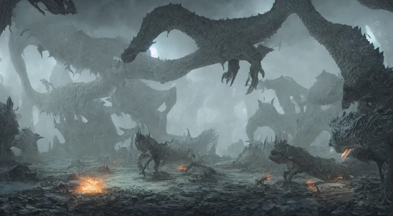 Image similar to indistinct glowing prehistoric beasts surrounded by slate grey walls, insane details, dramatic lighting, unreal engine 5, concept art, greg rutkowski, james gurney, johannes voss, hasui kawase.