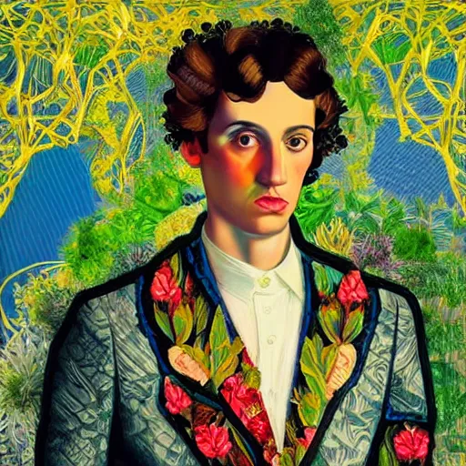 Prompt: maximalist half-lenght portrait of a futuristic father with a beautiful child, wearing an elaborate jacket overgrown by plants. halo. rococo architecture, in the style of Modigliani, Raffaello, Botticelli, childrenbook illustration, mixed media collage. vibrant pastel tones matte background HD 8x
