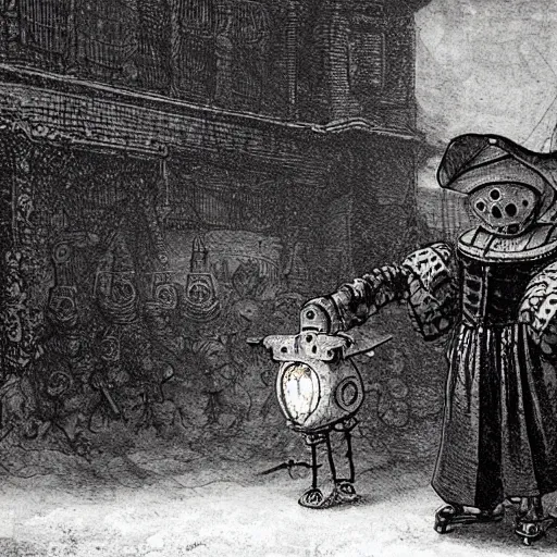 Prompt: 1 6 th century robot walking in a crowded town, in snow storm at night, in the style of rembrandt