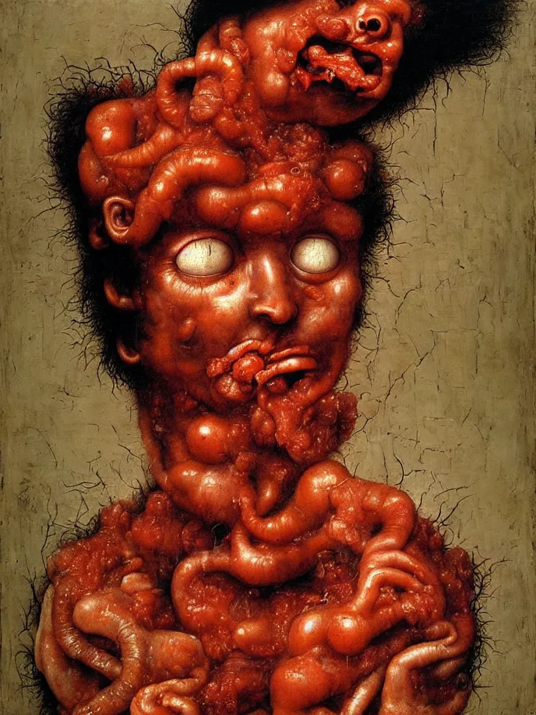 Image similar to a boy like eraserhead sitting in a tub full of tomato sauce, looking straight into camera, screaming in desperation, by giuseppe arcimboldo and ambrosius benson, renaissance, fruit, intricate and intense oil paint, a touch of joseph cornell, beksinski and hr giger and edward munch, realistic