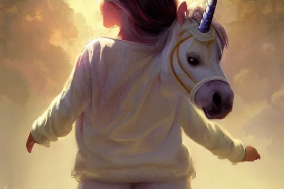 Image similar to little girl in pajamas riding a unicorn, realistic portrait, highly detailed, digital painting, artstation, concept art, smooth, sharp focus, illustration, cinematic lighting, art by artgerm and greg rutkowski and alphonse mucha