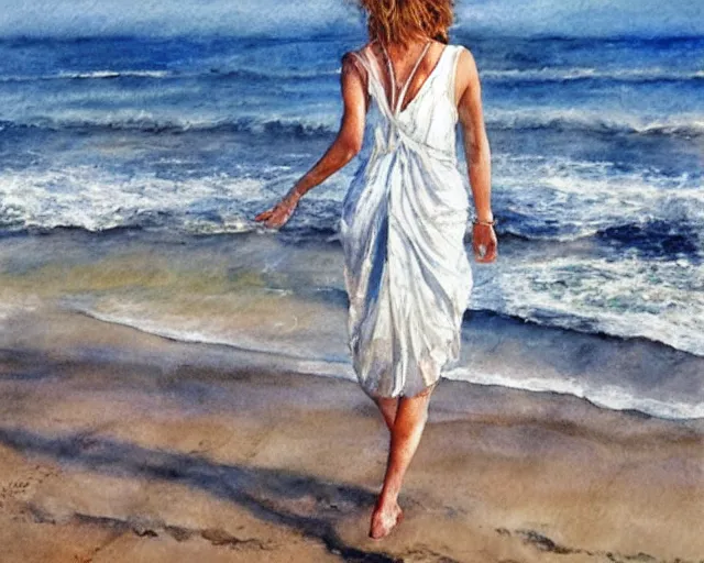 Prompt: a photorealistic watercolor of a woman with wet translucent white dress walking by the beach, by Steve Hanks, highly detailed and realistic, intricate HD, emotional realism