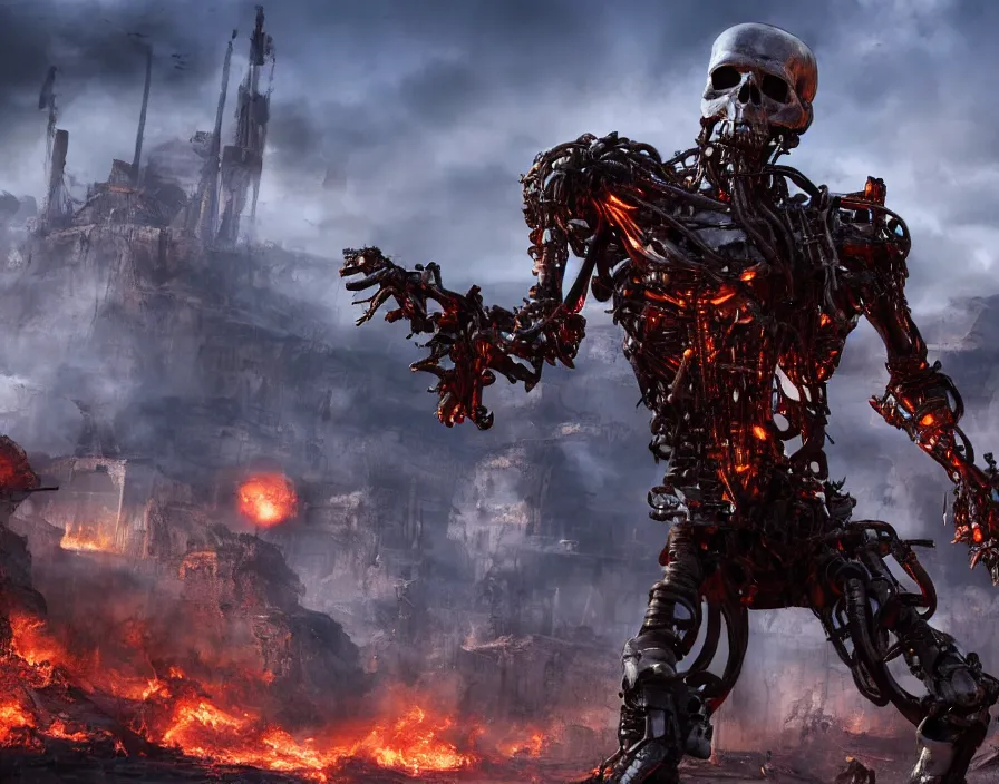 Image similar to terminator skull, destroyed town on background, fantasy artwork, very beautiful scenery, hd, hdr, ue 5, ue 6, unreal engine 5, cinematic 4 k wallpaper, 8 k, ultra detailed, by popular digital, details, beautiful image ever created, high resolution, artstation, award winning, detailed body, details face, realistic body proportions