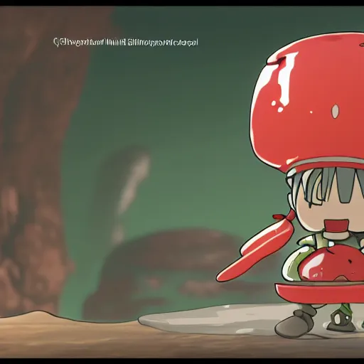 Image similar to cute android humanoid with tomato head and a carrot sword, made in abyss style