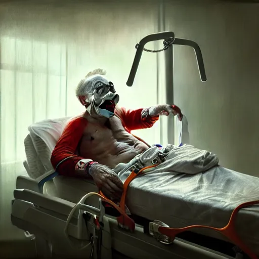 Prompt: hysterical and crazy elderly clown lying in hospital bed with wrist restraints on, restraints attached to hospital bed siderails, greg rutkowski, photograph, 8 k