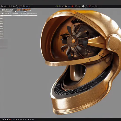 Prompt: photo of hyper detailed boxcutter hard surface modelling rear view of rusty matte oranve gold astronaut helmet, arstation, cables wires, heart symbols, unreal engine 5