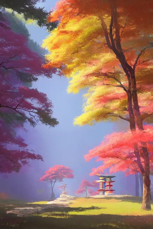 Prompt: Japanese Torii in a colorful moutain with COLORFUL trees ,morning , by studio ghibli painting, superior quality, masterpiece, by Grzegorz Rutkowski, concept art
