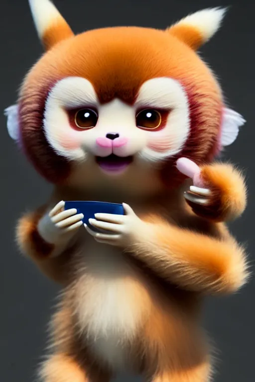 Image similar to high quality 3 d render hyperrealist very cute pastel fluffy! red panda & tarsier hybrid eating giant ice cream full body, vray smooth, in the style of detective pikachu, hannah yata charlie immer, very dramatic light, low angle, uhd 8 k, shallow depth or field
