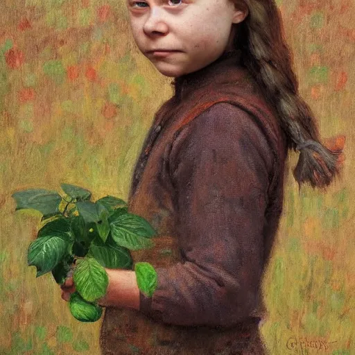 Image similar to Crying Greta Thunberg holding a green plant, impressionism, barren earth, gloomy colors, brown background, vivid attention to detail, by Greg Rutkowksi and Ilya Repin and Ander Duran