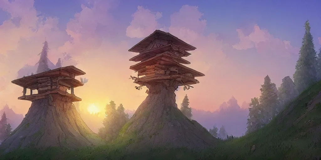 Prompt: dawn behind a very high tower made of wood, on the top of a summer hill, forest, painted by miyazaki, ghibli, artstation