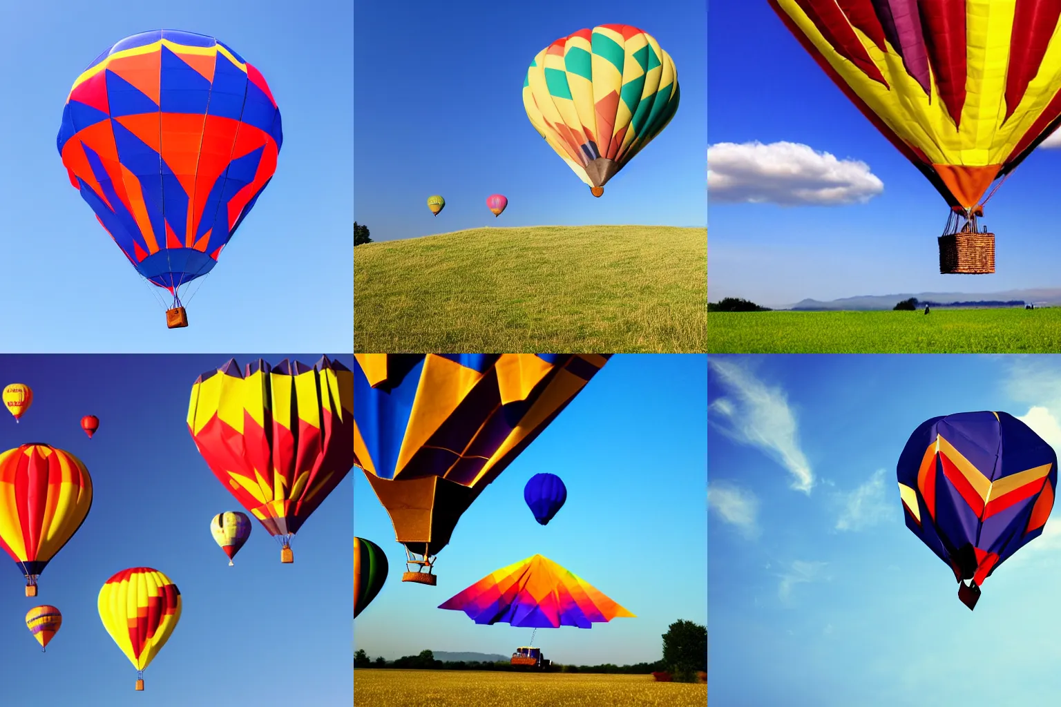 Prompt: huge origami hot air balloon, blue sky background, landscape picture