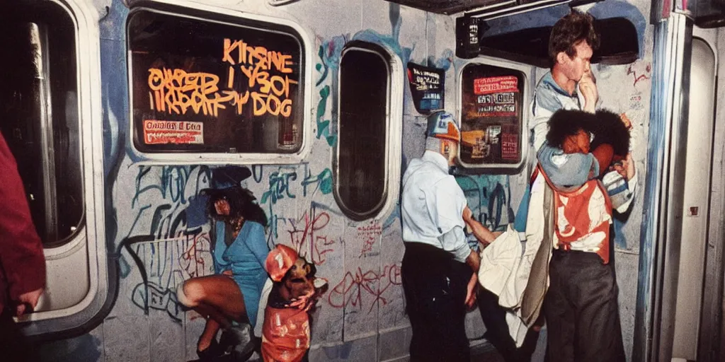 Image similar to new york subway cabin 1 9 8 0 s inside all in graffiti, 1 9 8 0 s policeman with the k - 9 dog, coloured film photography, christopher morris photography, bruce davidson photography