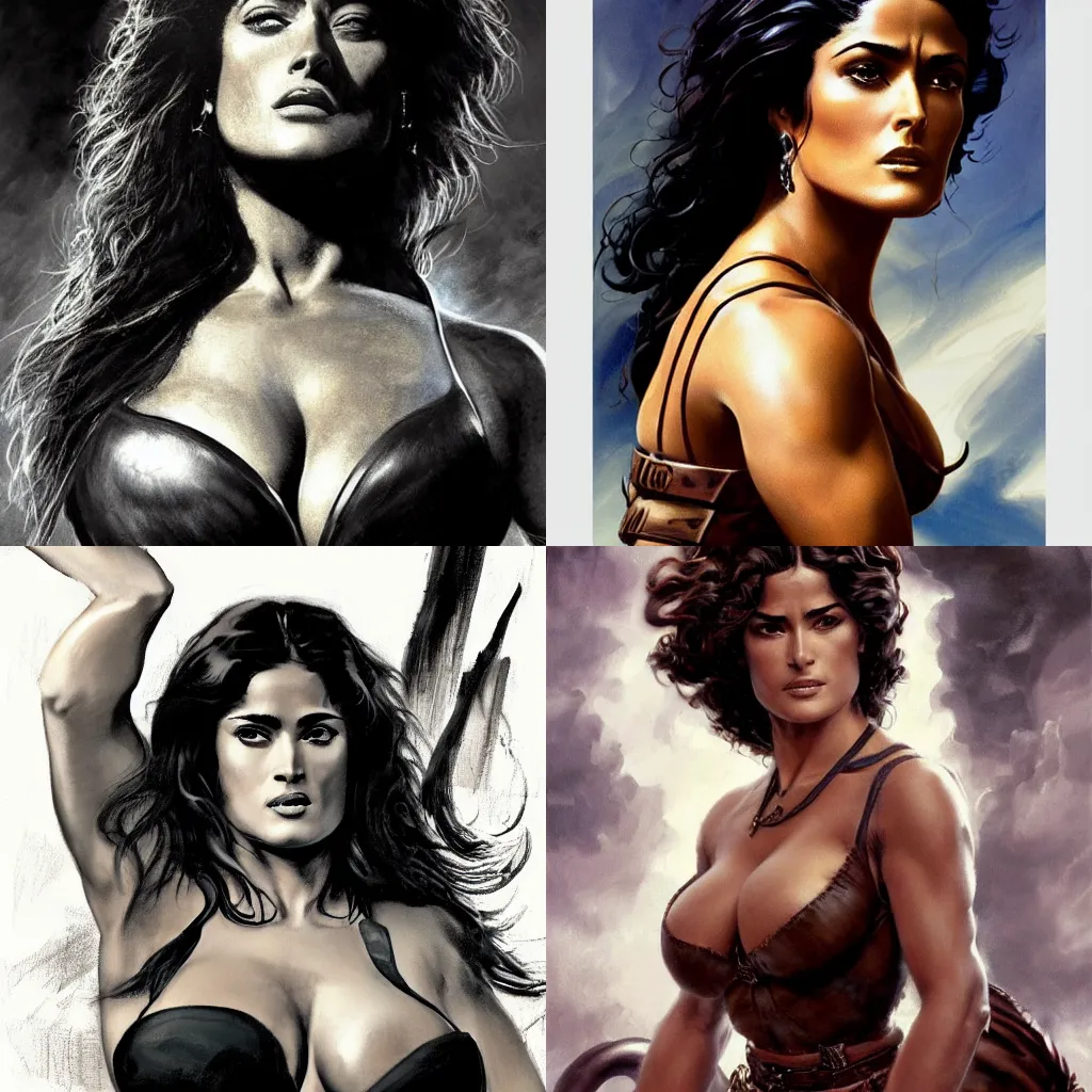 Prompt: muscled Salma Hayek as a ruggedly handsome heroine intricate elegant highly detailed centered digital painting by Frank Frazetta , concept art , dynamic shot , HD 4k , intricate , highly detailed , atmospheric , sharp