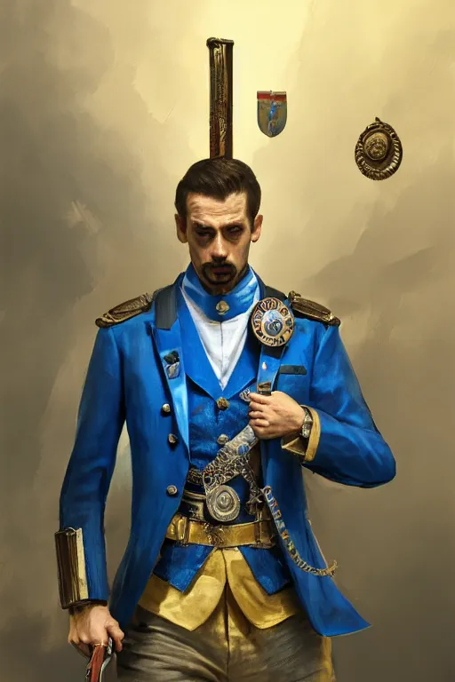 Prompt: a man in a blue suit with medals on it holding a sword in one hand and a pistol in the other hand, highly detailed, d & d, fantasy digital painting, trending on artstation, concept art, sharp focus, illustration, global illumination, ray tracing, realistic shaded, ruan jia, randy vargas, greg rutkowski