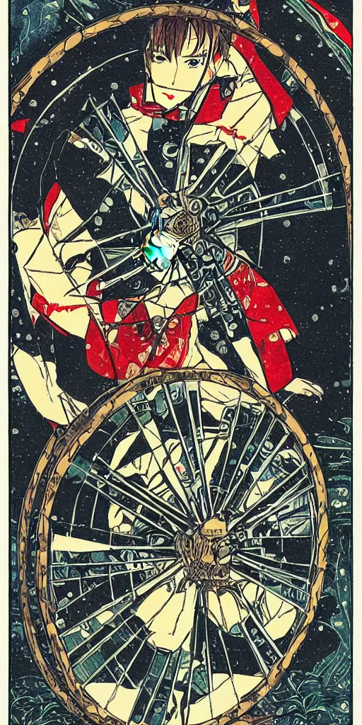 Image similar to Wheel of Fortune tarot card by Koyoharu Gotouge. clean, sharp lines,