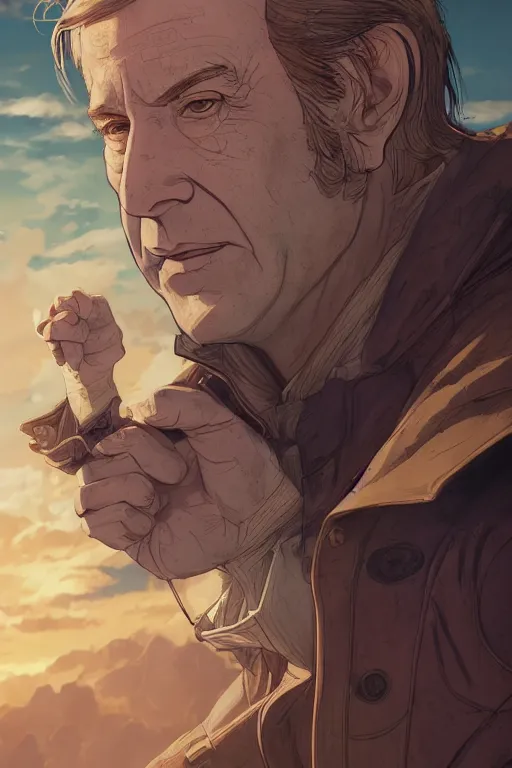 Image similar to portrait of saul goodman, high intricate details, rule of thirds, golden ratio, cinematic light, 8 k, octane render, anime style, graphic novel by fiona staples and dustin nguyen, art by beaststars and orange, peter elson, alan bean, studio ghibli, makoto shinkai