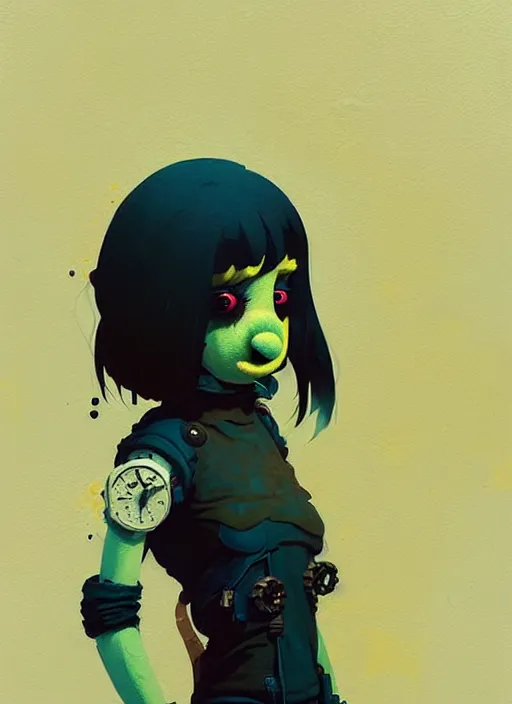 Image similar to highly detailed portrait of a moody sewerpunk young adult muppet lady by atey ghailan, by greg rutkowski, by greg, tocchini, by james gilleard, by joe fenton, by kaethe butcher, gradient yellow, black, brown and cyan color scheme, grunge aesthetic!!! ( ( graffiti tag city background ) )