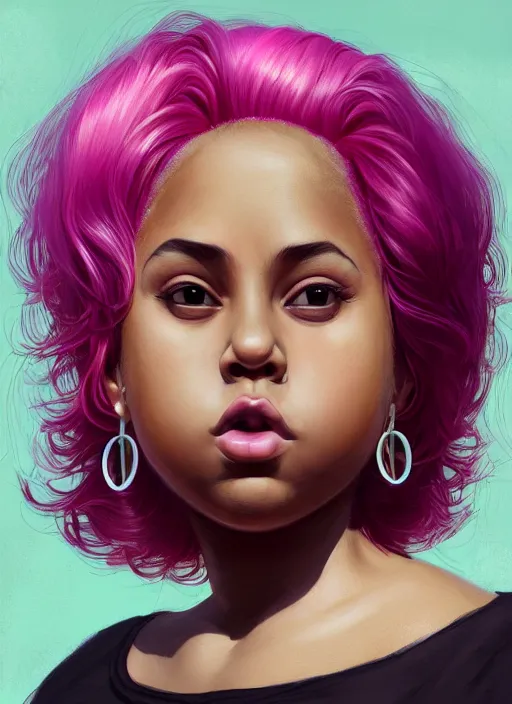 Image similar to full body portrait, teenage vanessa morgan, pink hair, obese, curly pixie hair, sultry, realistic, short hair, hoop earrings, skirt, shirt, fat, belly, black girl, intricate, elegant, highly detailed, digital painting, artstation, concept art, smooth, sharp focus, illustration, art by wlop, mars ravelo and greg rutkowski