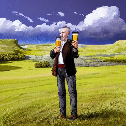 Image similar to a Scottish man holding a pint of beer in the middle of an empty field, In the back ground of the frame is a beautiful landscape., physically accurate, dynamic lighting, intricate, elegant, highly detailed, digital painting, very very ralph steadman, Hieronymus Bosch, Francis Bacon, concept art, smooth, sharp focus, illustration