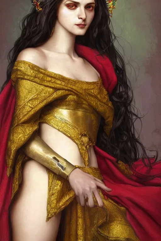 Image similar to Portrait of historically accurate, ancient biblical, pale, slim, shapely, young queen jezebel, wearing gilded red robes, long black hair, green eyes, intricate, elegant, highly detailed, digital painting, artstation, concept art, smooth, sharp focus, illustration, art by artgerm and greg rutkowski and alphonse mucha and andrei riabovitchev