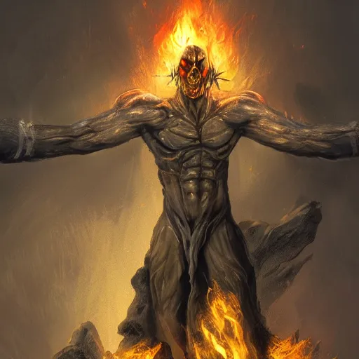 Prompt: fantasy concept art of an evil man with his body fully covered in burns shooting black fire out of his hands standing menacingly on a boulder, high detail