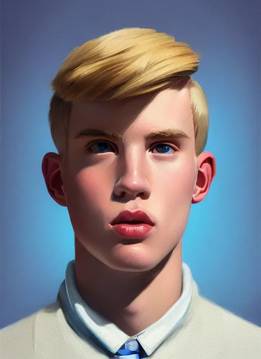 Image similar to portrait of a high school senior boy named moose mason, blonde short hair, jock, beefy, square jaw, square facial structure, 1 9 5 0 s, blue varsity jacket, intricate, elegant, glowing lights, highly detailed, digital painting, artstation, concept art, smooth, sharp focus, illustration, art by wlop, mars ravelo and greg rutkowski