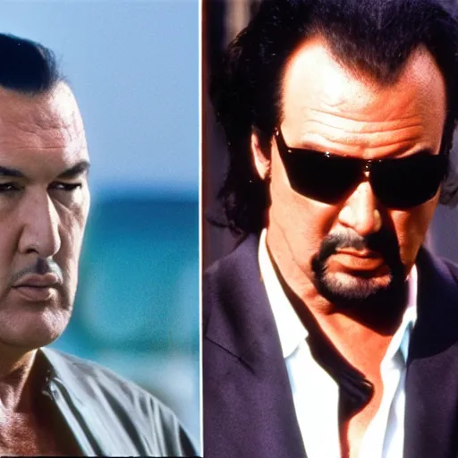 Prompt: steven seagal starring in miami vice, realistic stills from the tv series, gritty drama by michael mann