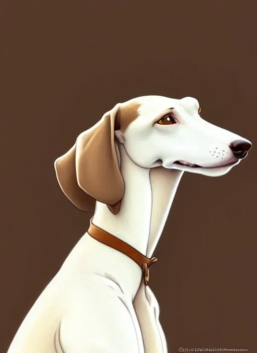 Image similar to cute white brown greyhound with a brown ear, natural lighting, path traced, highly detailed, high quality, digital painting, by don bluth and ross tran and studio ghibli and alphonse mucha, artgerm