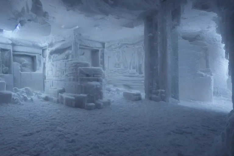 Prompt: a very windy and cold place, everything is made out of ice, ancient egypt, snowing, cinematic lighting