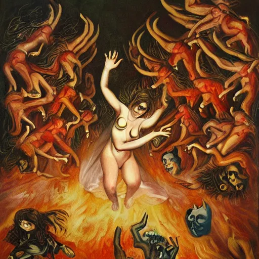 Image similar to painting of a woman falling into hell with a bunch of demons around her