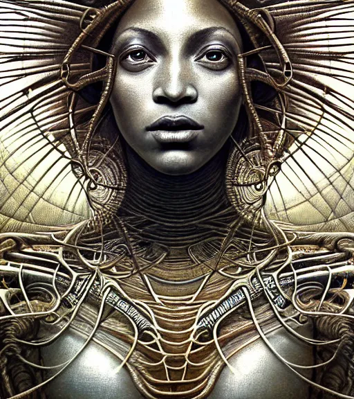 Prompt: detailed realistic beautiful young medieval alien robot beyonce face portrait by jean delville, gustave dore and marco mazzoni, art nouveau, symbolist, visionary, gothic, pre - raphaelite. horizontal symmetry by zdzisław beksinski, iris van herpen, raymond swanland and alphonse mucha. highly detailed, hyper - real, beautiful, fractal baroque