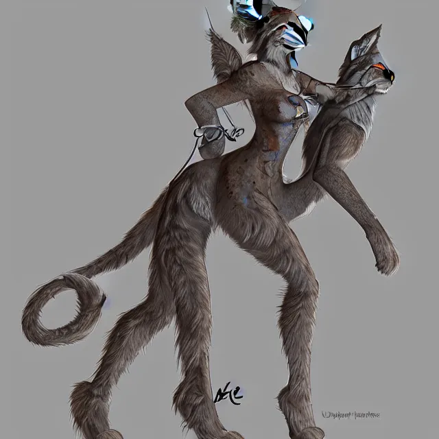 Image similar to the full body of anthropomorphic lynx fursona from behind wearing a steampunk suit as unimaginably beautiful, gorgeous, elegant, young woman with lynx head, an ultrafine hyperdetailed illustration by furaffinity, intricate linework, white fur, unreal engine 5 highly rendered, global illumination, radiant light, detailed and intricate environment, no feral, no taur