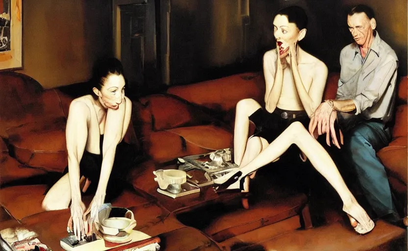 Image similar to a thin man falls over whilst his wife stands on a coffee table in a dark living room, painted by phil hale and rick berry and norman rockwell and dean cornwell and tom lowell, highly detailed