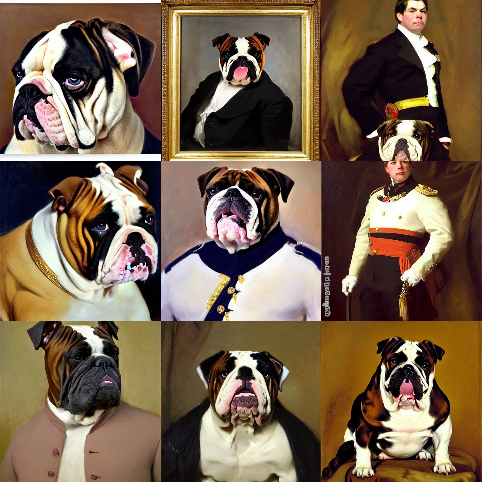 Prompt: the royal bulldog, incredible details, masterful technique, portrait painting by John Singer Sargent + Hero Johnson