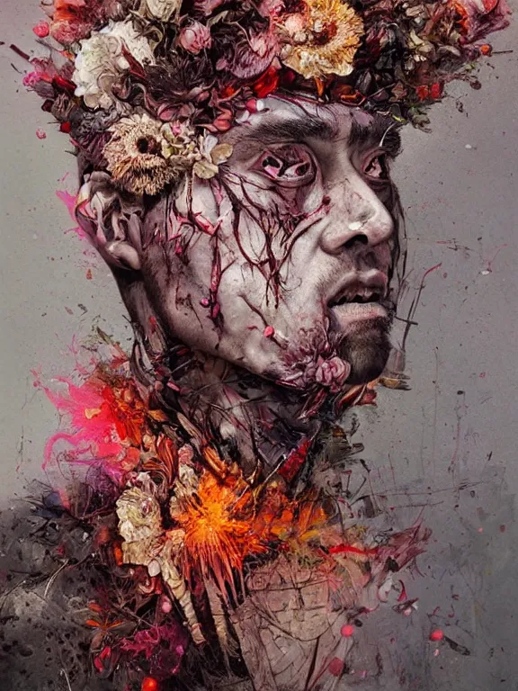 Prompt: art portrait of a man with flowers exploding out of head, decaying ,8k,by tristan eaton,Stanley Artgermm,Tom Bagshaw,Greg Rutkowski,Carne Griffiths, Ayami Kojima, Beksinski, Giger,trending on DeviantArt,face enhance,hyper detailed,minimalist,cybernetic, android, blade runner,full of colour,