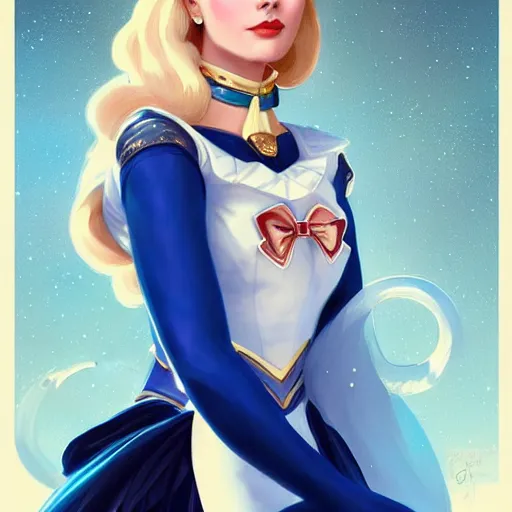Prompt: Grace Kelly with blue hair as Sailor Moon, western, D&D, fantasy, intricate, elegant, highly detailed, digital painting, artstation, concept art, matte, sharp focus, illustration, art by Artgerm and Greg Rutkowski and Alphonse Mucha