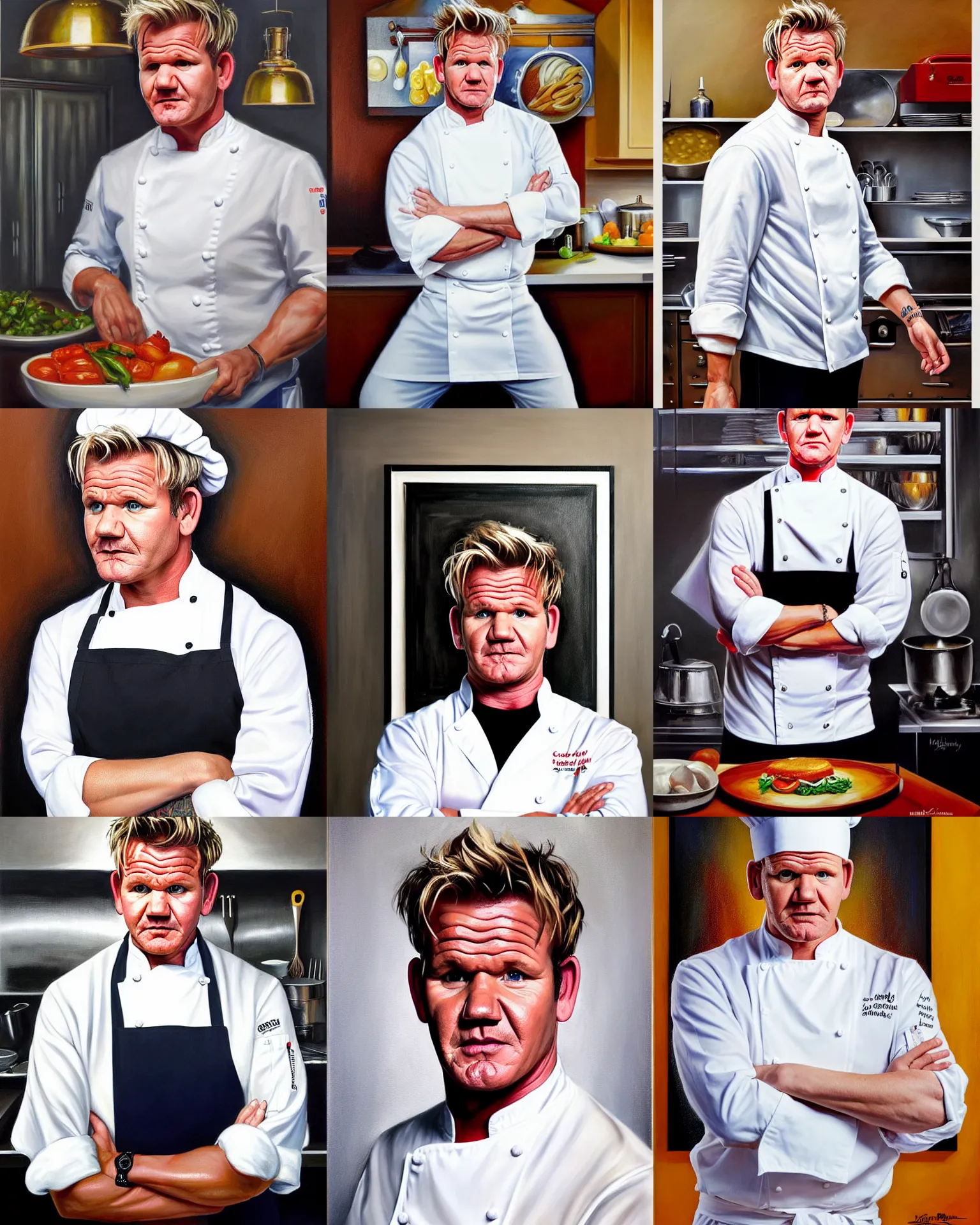 Prompt: a medium full shot portrait of gordon ramsay in a chef uniform in a kitchen, a fine art painting by mort kunstler, featured on deviantart, precisionism, oil on canvas, detailed painting, hyper realism