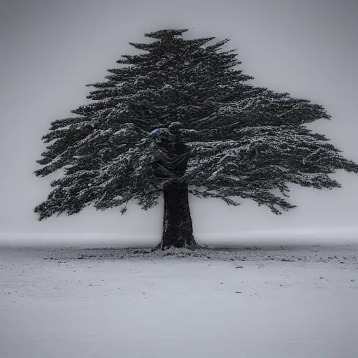 Image similar to a large, monolithic taiga tree in the artic. snowing, grainy, overcast sky.