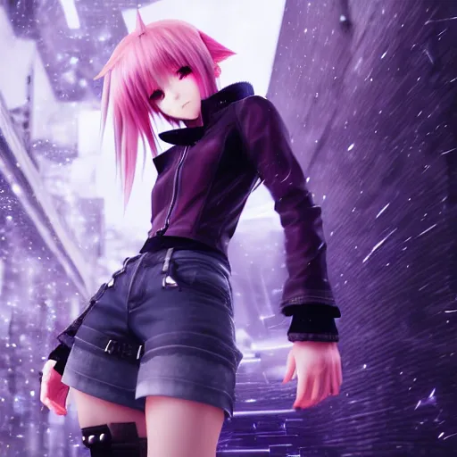 Image similar to beautiful anime girl in the style of final fantasy 7 with purple eyes, wearing jeans, perfect body, standing in the rain, high quality anime art, trending on artstation, 8K octane render, wallpaper