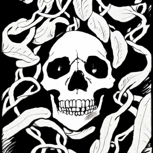 Image similar to A skull, with vines coming out of the eye sockets. Dark Fantasy, Film Noir, Black and White. High Contrast, Mike Mignola, D&D, OSR