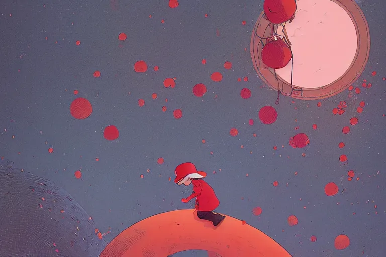 Prompt: a young girl with a red hat on a by moebius and victo ngai and goro fujita and katsuhiro otomo, ultradetailed, clean line, color comics style, dynamic lighting, night