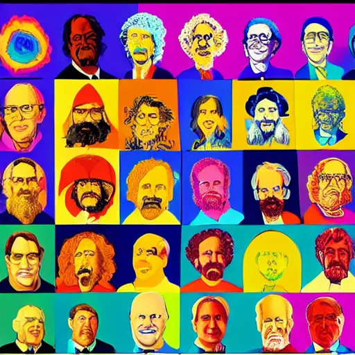 Prompt: a conference of psychedelic scientists / professors / researchers at the ohio state university in the style of peter max