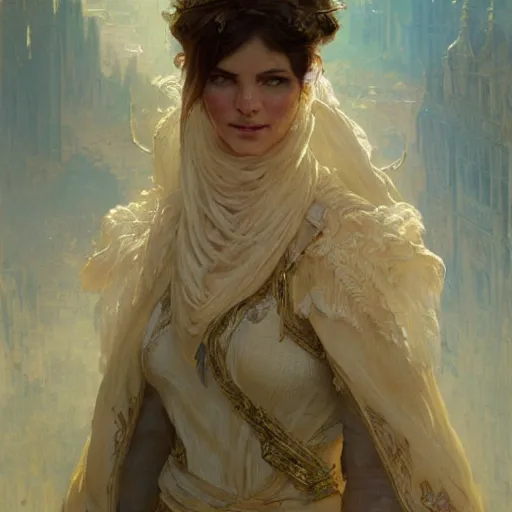 Image similar to woman modestly dressed in linen, fantasy character portrait, ultra realistic, concept art, intricate details, highly detailed by greg rutkowski, gaston bussiere, craig mullins, in style of alphonso mucha