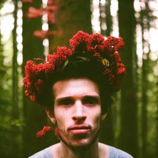 Image similar to close up kodak portra 4 0 0 photograph of a skinny guy standing in dark forest, face covered in flowers, moody lighting, telephoto, 9 0 s vibe, blurry background, vaporwave colors, faded!,