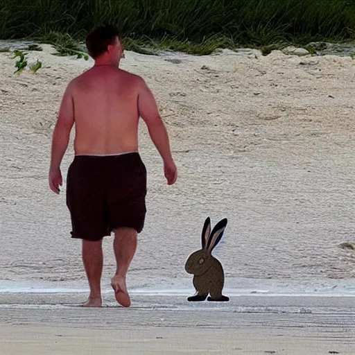 Prompt: a very very very giant bunny walking its tiny tiny owner on the beach. hyperreal.