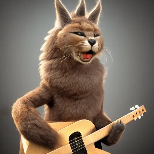 Image similar to cute fluffy caracal playing fluffy guitar, fully detailed, high quality , 4k , octane render , soft light , masterpiece