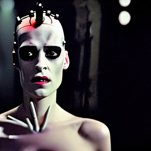 Image similar to cinematic portrait of kristen mcmenamy as bride of frankenstein as a replicant in a busy nightclub, frightened and angry, still from the movie ex machina, fashion photography, a sign is in the background, 8 k, high detail, face in focus