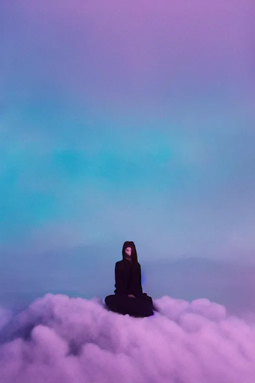 Image similar to high quality pastel coloured film close up wide angle photograph of a model wearing clothing resting on cloud furniture in a icelandic black rock environment in a partially haze filled dreamstate world. three point light, rainbow. photographic production. art directed. pastel colours. volumetric clouds. pastel gradient overlay. waves glitch artefacts. extreme facial clarity. 8 k. filmic.